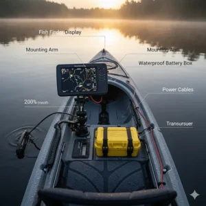 Overhead view of a kayak cockpit showing the fish finder, battery, and transducer placement.