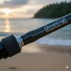 Close-up of a saltwater fishing rod combo showing the high-modulus graphite blank construction for sensitivity and strength.