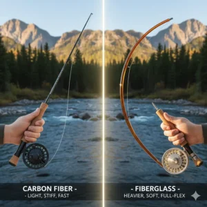 Comparison image highlighting the difference in material and flex between a modern carbon fiber and a traditional fiberglass fly rod.