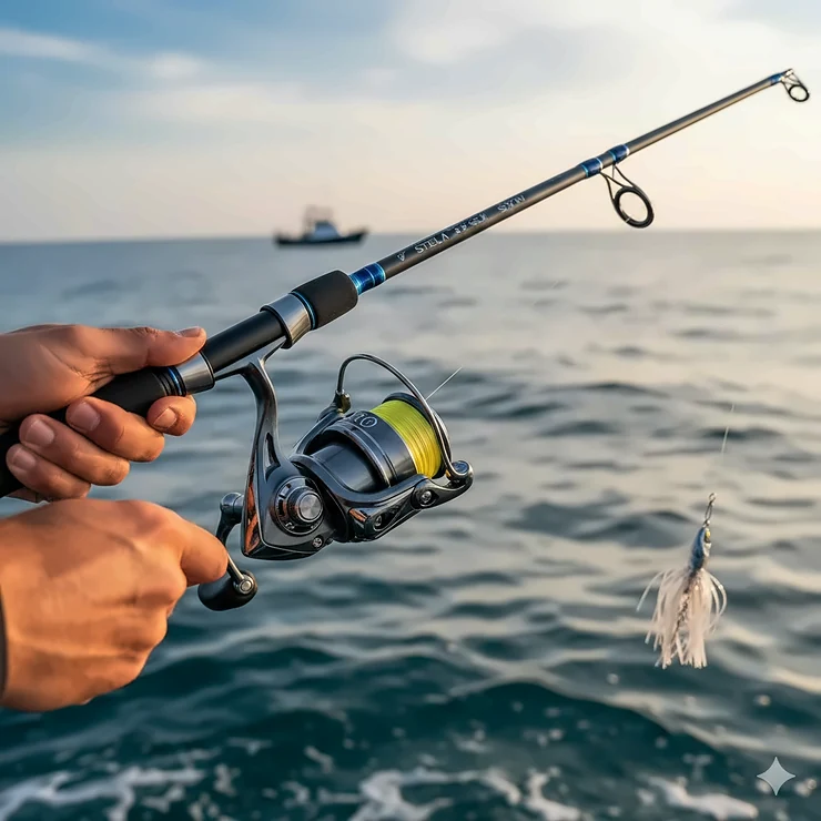 A close-up shot of a great saltwater fishing rod paired with a spinning reel, showing the ergonomic handle and a durable guide. great saltwater fishing rods