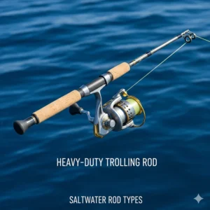 Image of a heavy-duty conventional fishing rod specifically designed for offshore saltwater trolling and big game fish.