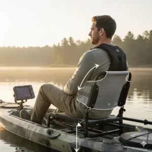 Illustration showing how a high-back kayak fishing life jacket clears the tall seat of a fishing kayak for better comfort.