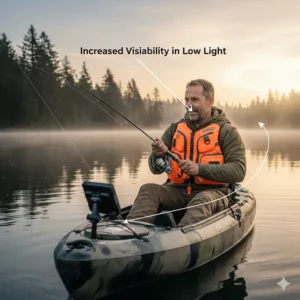 A bright orange kayak fishing life jacket with reflective piping for increased visibility in low-light conditions.