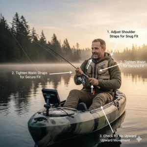 A guide showing the adjustment straps on the shoulders and waist of a fishing PFD to ensure a snug, safe fit.