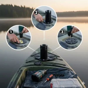 Step-by-step illustration showing how to install a kayak fish pole holder using a drill and bolts.