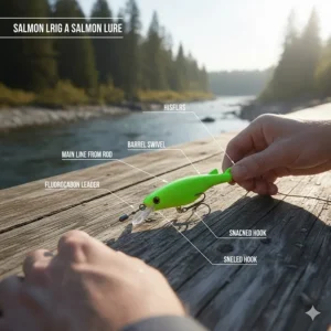 A technical diagram showing how to rig a salmon lure with a leader and swivel.