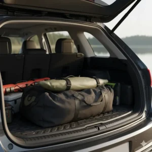A deflated inflatable kayak for fishing packed into a carry bag and stored in a car trunk.
