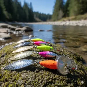 High-visibility inline spinners with weighted bodies for river salmon fishing.