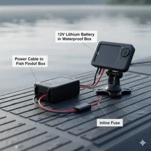 A simplified wiring diagram connecting a small 12V lithium battery to a kayak fish finder.