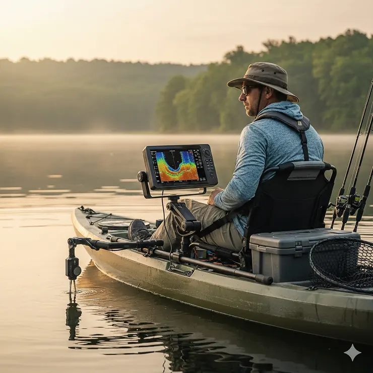 A professional angler using a kayak fish finder mount on a sit-on-top fishing kayak during a morning trip.