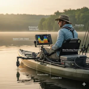 Diagram of clean wire routing and waterproof gaskets for a kayak fish finder mount setup.