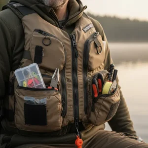 Close-up view of a life jacket for kayak fishing featuring expanded front pockets filled with tackle boxes and pliers.