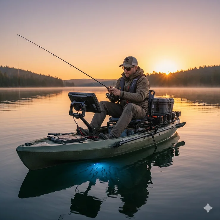 A professional angler using a fish finder mounted on a fishing kayak in a calm lake at sunrise. fish finder on a kayak