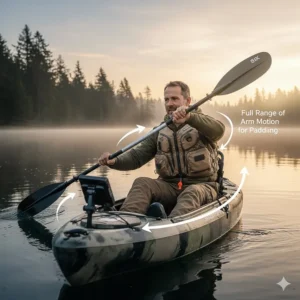 Illustration of an angler paddling, demonstrating the large arm openings of a specialized kayak fishing life jacket.