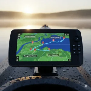 Digital illustration of a fish finder GPS map showing waypoints and routes on a river.