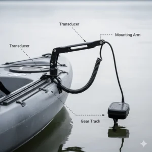 Close-up diagram of a side-mounted transducer arm attached to a kayak gear track.