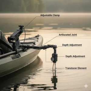 Diagram of an adjustable over-the-side transducer arm for a kayak fish finder.