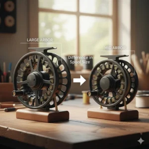 Comparison photo of a large arbor reel next to a mid arbor reel, highlighting the difference in spool size.