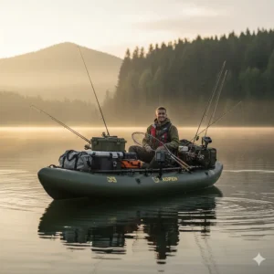 An inflatable kayak for fishing loaded with a cooler, tackle boxes, and fishing gear.