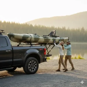 Two people loading a heavy-duty tandem fishing kayak onto a roof rack using a load assist.