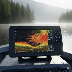 A digital fish finder display and GPS unit, a key piece of electronic salmon fishing gear for boaters.