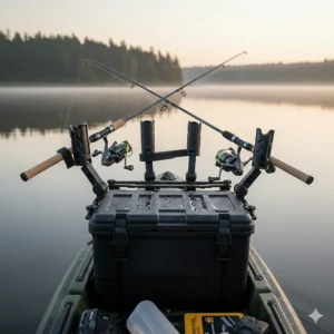 A crate-mounted triple kayak fish pole holder system for carrying multiple fishing rods.