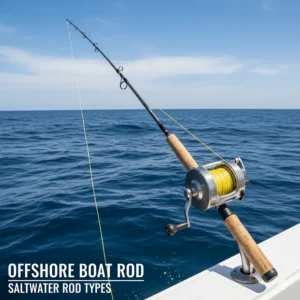 A short, sturdy conventional boat rod being used on an offshore vessel for deep-sea bottom fishing.