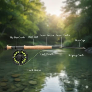 Labeled diagram illustrating the key components of a fly fishing rod, including the handle, reel seat, guides, and tip, for new anglers.