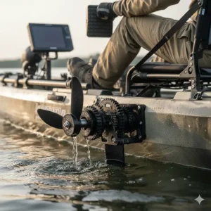 Close-up of the pedal drive system on a premium two person fishing kayak for hands-free fishing.