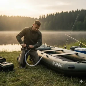 Using a high-pressure manual pump to inflate a portable fishing kayak by the water.