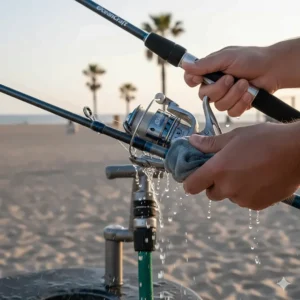 Proper maintenance by rinsing a saltwater fishing rod combo with fresh water after a day of fishing to prevent salt damage.