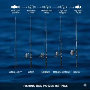 Chart explaining the differences in rod power ratings, from light to heavy, for choosing the right saltwater fishing rod setup.