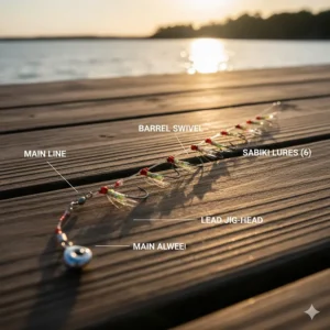 Image of a pre-tied Sabiki rig displaying its multiple small, flashy hooks used specifically to catch live baitfish like sardines and threadfin herring for saltwater angling.