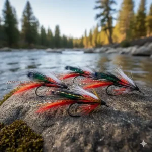 Intricately tied streamer flies used as lures for targeting Coho salmon in freshwater.