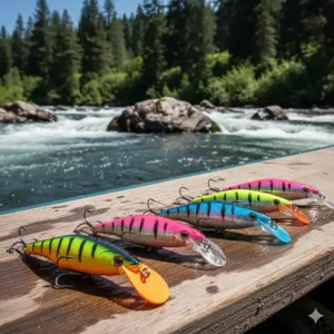 Brightly colored Kwikfish lures used for back-trolling in heavy salmon currents.
