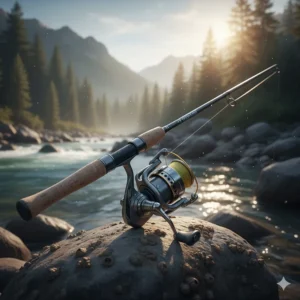 A heavy-duty salmon fishing rod paired with a large capacity spinning reel designed for saltwater use.