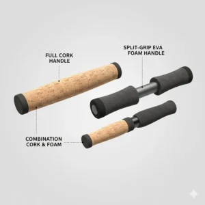 High-quality cork handle and ergonomic grip design of a professional salmon rod.