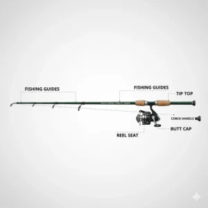 Detailed photorealistic view of the tip, guides, and reel seat of a high-end salmon rod.