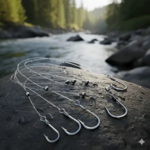 A close-up of terminal salmon fishing gear featuring high-strength fluorocarbon leaders and sharpened siwash hooks.