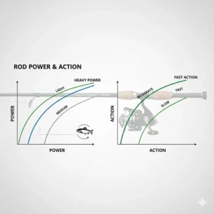 Close-up of a salmon fishing rod showing the heavy power and fast action flexibility.