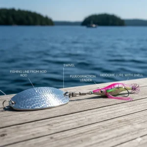 Illustration of a salmon fishing flasher attached to a lure to create light and vibration.