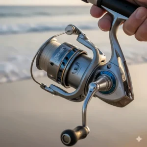 Detail of a saltwater fishing rod combo's reel, highlighting its sealed, corrosion-resistant components and metal gearing.