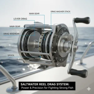Schematic view highlighting the key components of a reliable saltwater reel drag system, crucial for fighting strong fish.