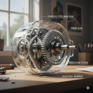 The main internal gears and components of a saltwater reel made from stainless steel for ultimate durability and performance.