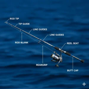 Diagram illustrating the main components of a saltwater fishing rod, including the blank, guides, reel seat, and rod tip.