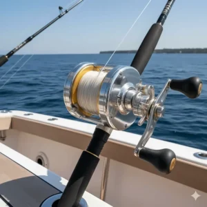 Specialized saltwater trolling rod combo featuring a boat rod and conventional reel for deep-sea sport fishing.