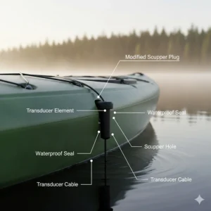 Illustration showing how to install a fish finder transducer through a kayak scupper hole.
