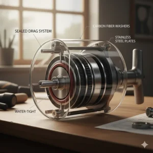 Diagram showing the sealed carbon fiber drag system which is essential for protecting the internal components of best fishing reels for saltwater.