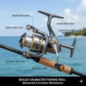 Cutaway view of a sealed saltwater fishing reel demonstrating features that provide corrosion resistance against salt and water.