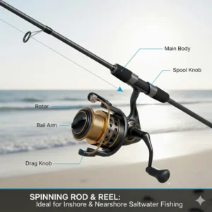Diagram illustrating a durable spinning rod and reel setup, ideal for general inshore and nearshore saltwater fishing.